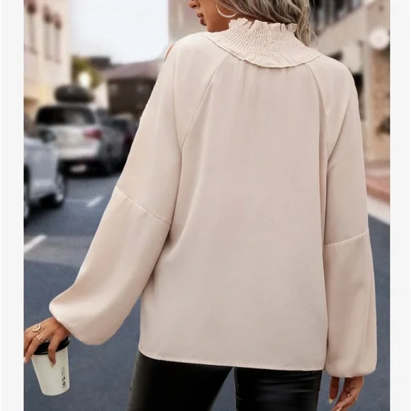 Elegant Smocked Mock Neck Cut Out Cold Shoulder Top Blouse Shirt - Picture 2 of 7